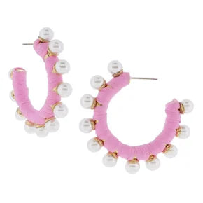 Pink Raffia Wrapped with Pearls Earrings