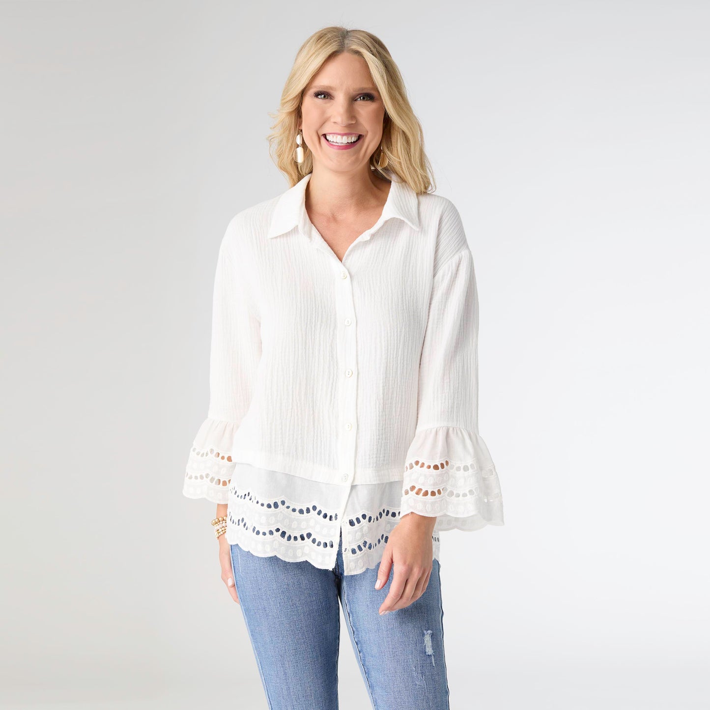L/XL - Becky Button Front Top with Embroidery...