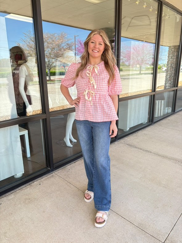 Gingham Blouse With Bows, Pink