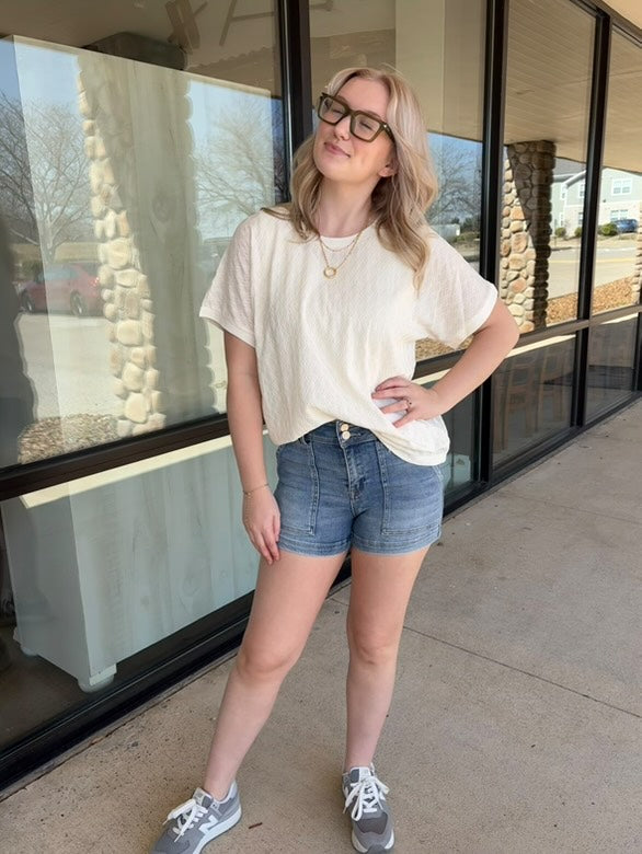 Textured Fabric Crew Neck Top, Ivory