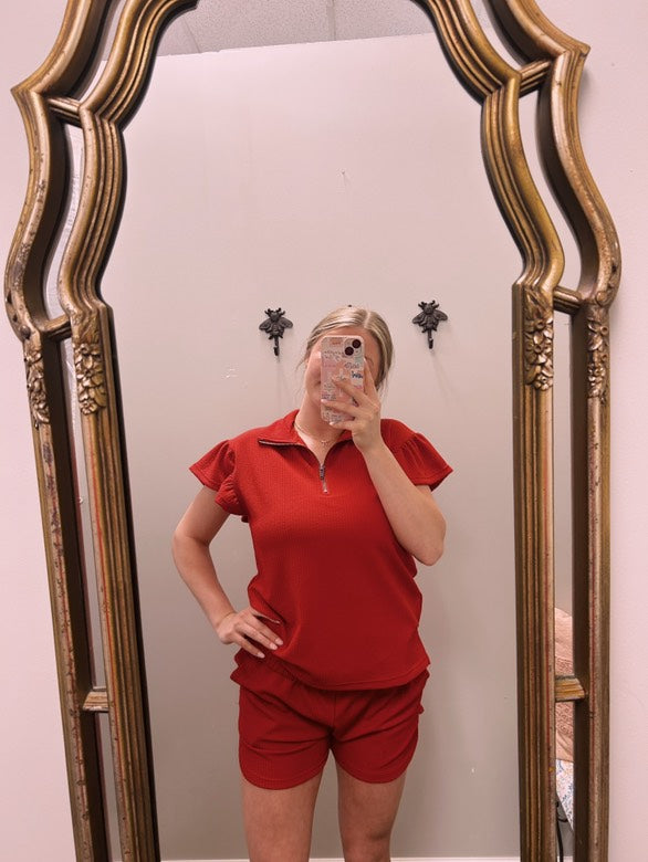 Red Quarter Zip with Flutter Sleeves