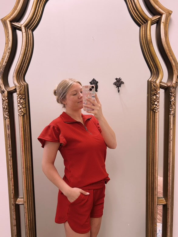 Red Quarter Zip with Flutter Sleeves