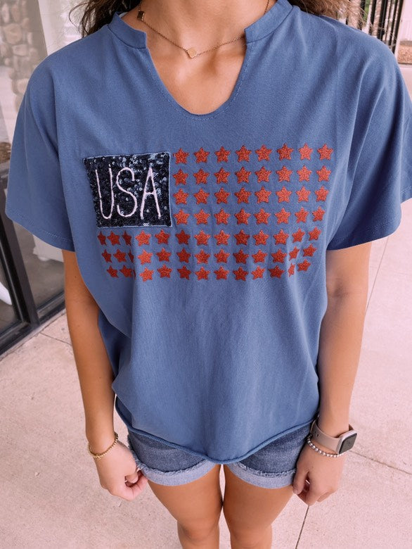 USA Flag Glitter Stars Top