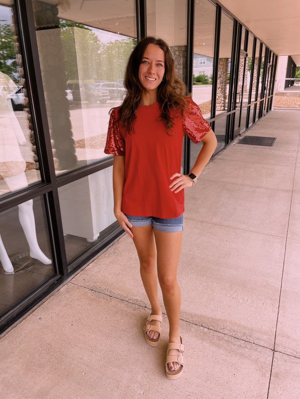 Sequins Puff Sleeve Top, Red
