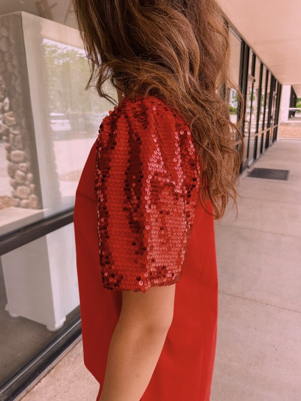 Sequins Puff Sleeve Top, Red