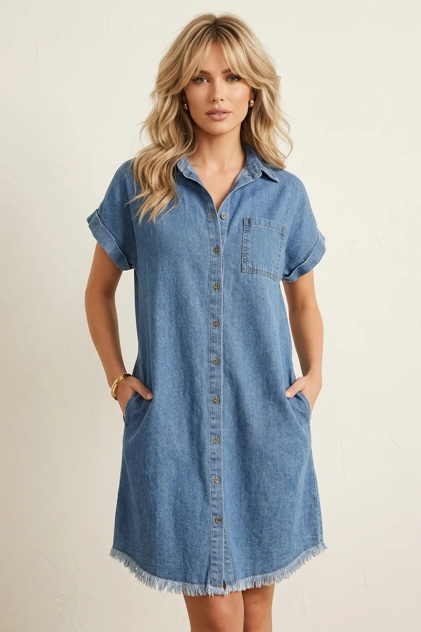 frayed hem denim shirt dress Frayed Hem Denim Shirt Dress