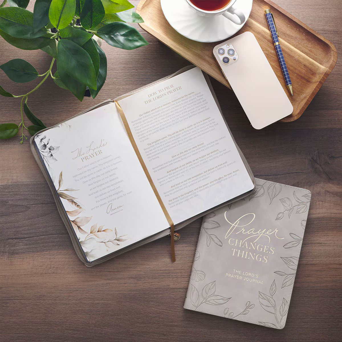 Prayer Changes Things Taupe Faux Leather Prompted Journal