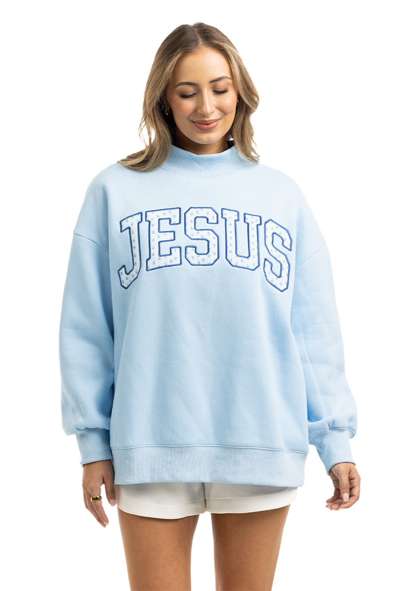 JESUS Floral Fabric Applique Mockneck Sweatshirt