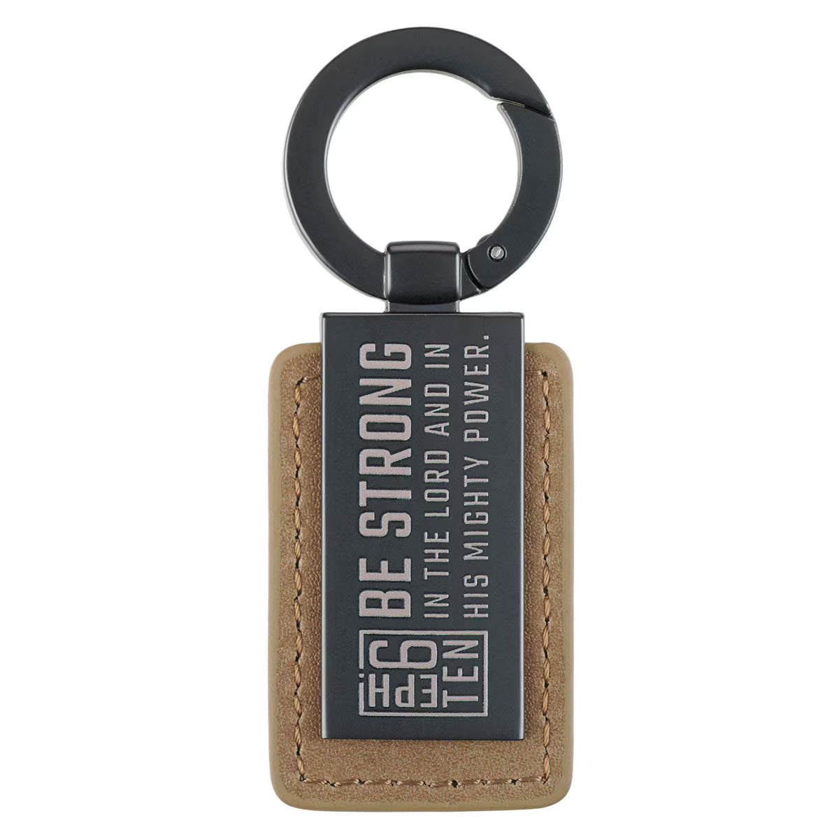 Be Strong Tan Faux Leather and Gunmetal Gray Keychain - Ephesians 6:10
