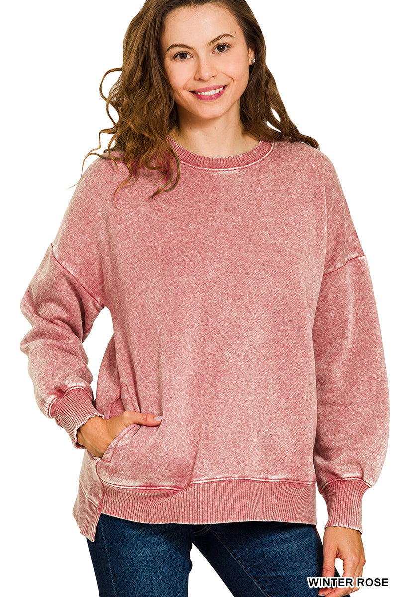 Zenana Acid Wash Fleece Hi-Low Pullover
