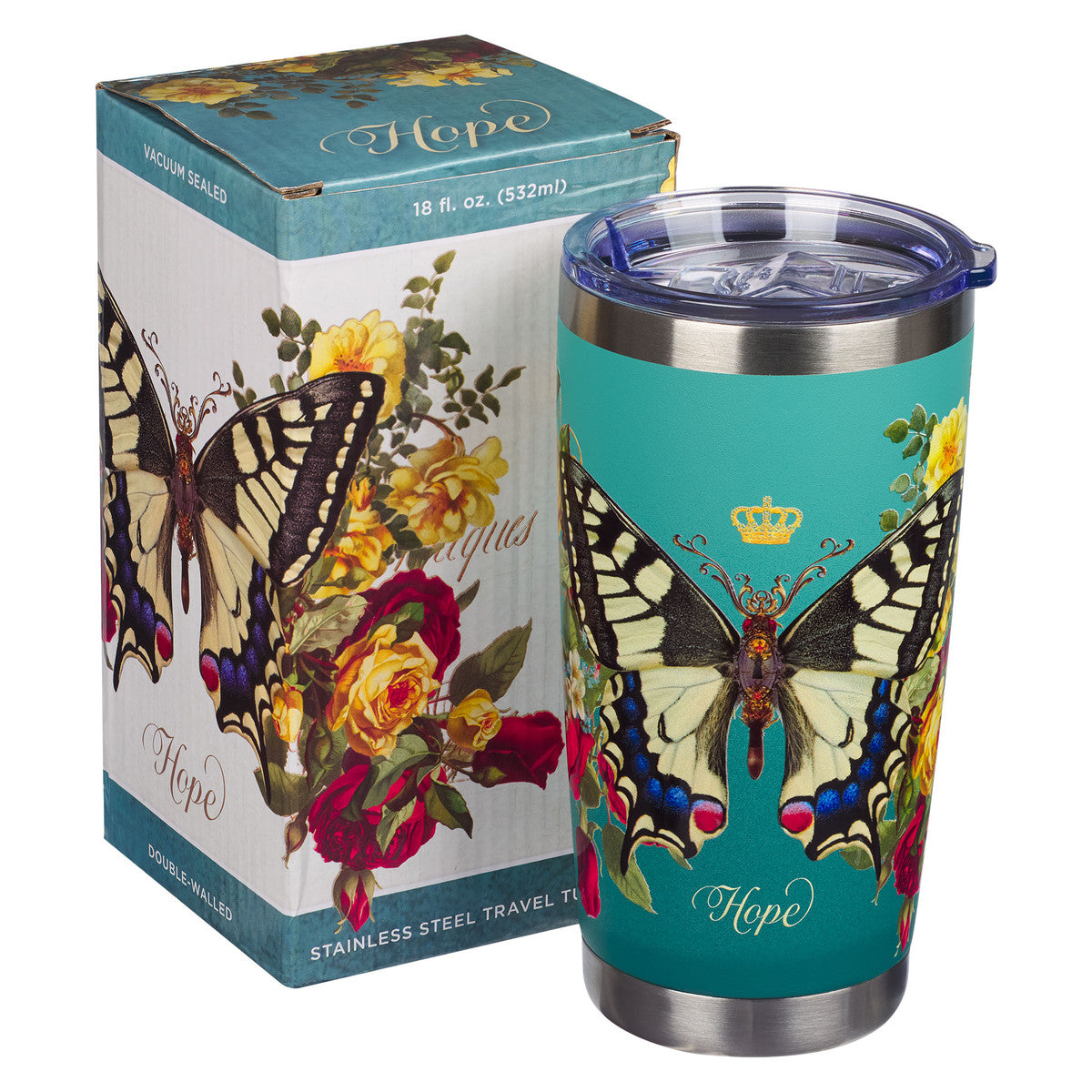 Stainless Steel Travel Tumbler - Teal Hope Butterfly - Isaiah 40:31