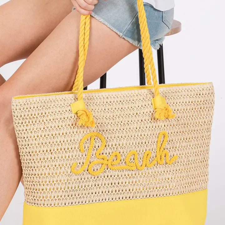 Sewn Rope Beach Letter Color Straw Tote Bag