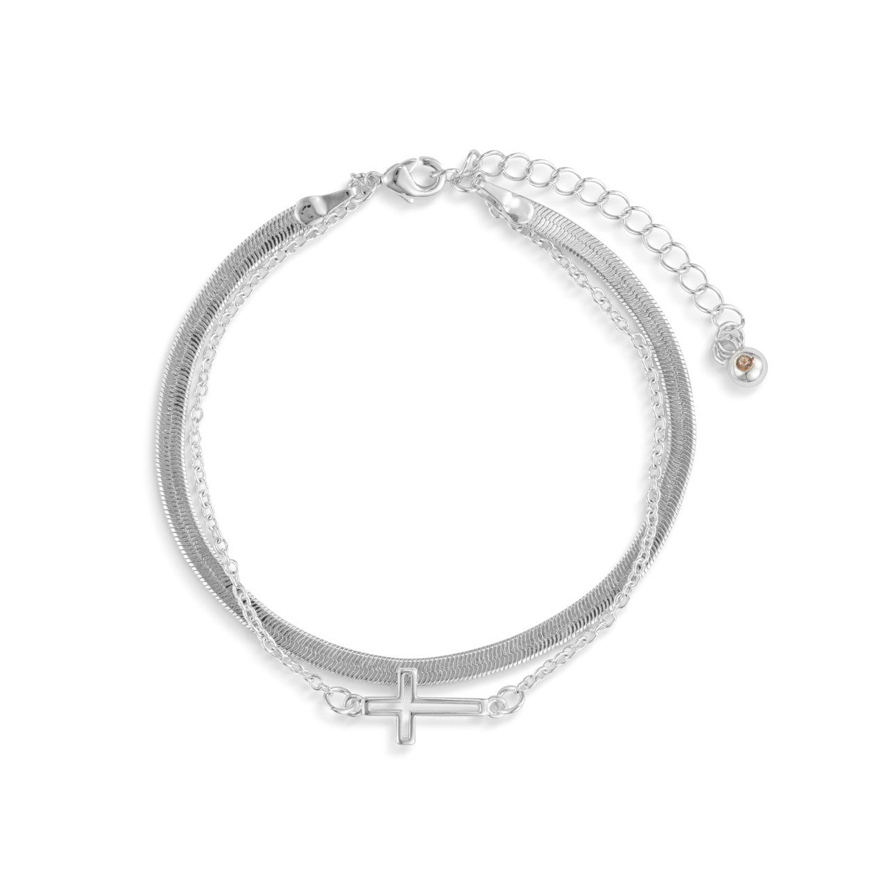 Layered Cross Silver Bracelet 6.5in