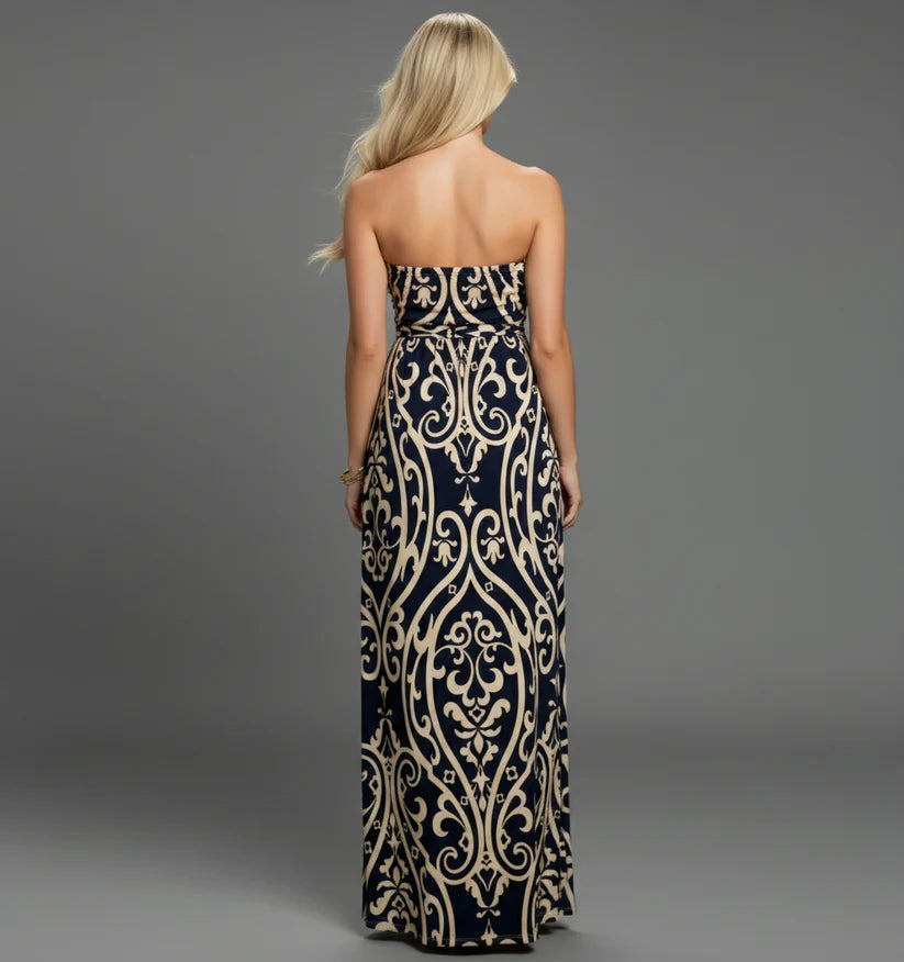 Navy & Tan Maxi Dress with side pockets