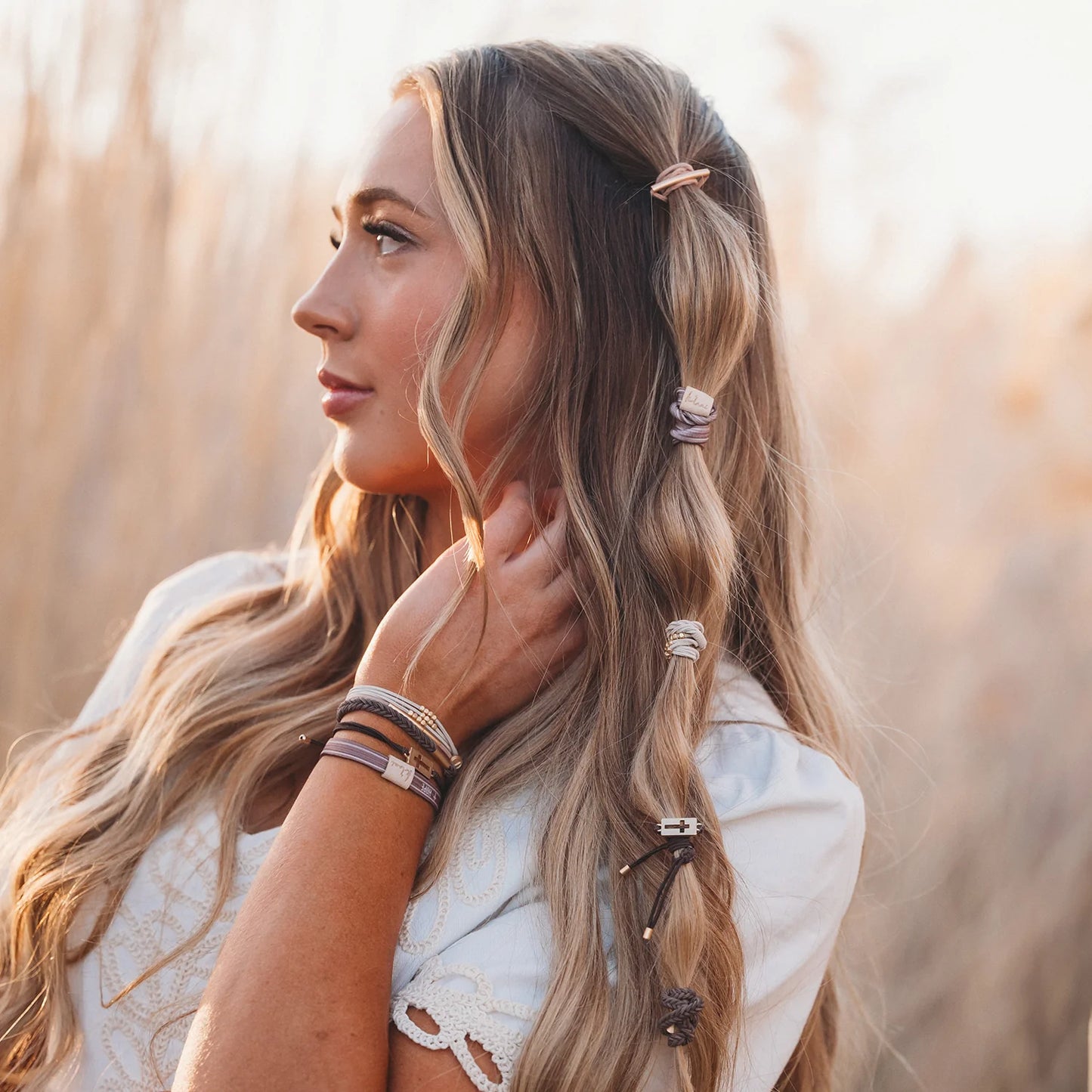 "Faith" Warm Neutrals w Gold Cross Hair Tie Bracelets M