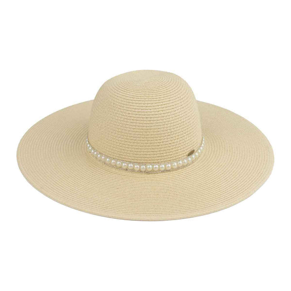 Wide Brim Hat with Pearl Embellished Band