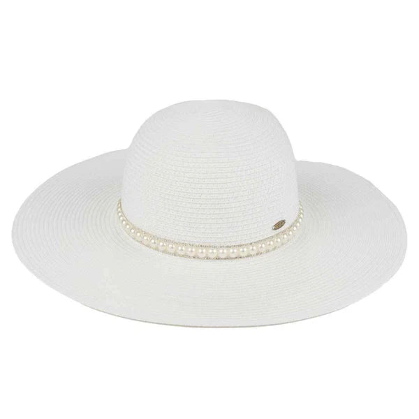 Wide Brim Pearl Embellished Band Hat