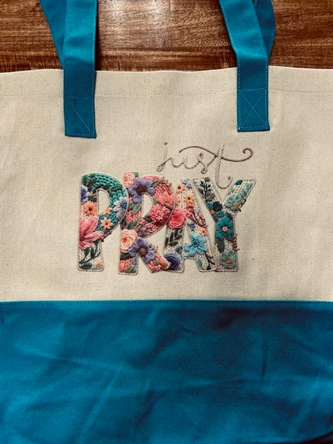 Just Pray Turquoise & Natural Colorblock Cotton Twill Tote
