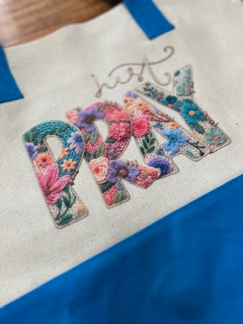 Just Pray Turquoise & Natural Colorblock Cotton Twill Tote