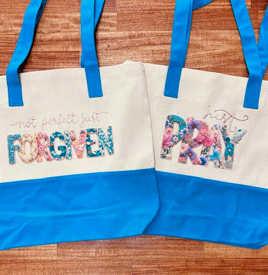 Just Pray Turquoise & Natural Colorblock Cotton Twill Tote