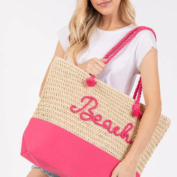 Sewn Rope Beach Letter Color Straw Tote Bag