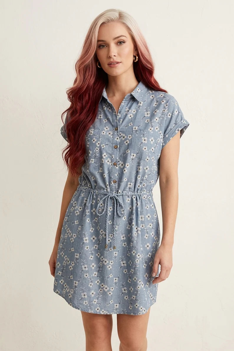 Blue Floral Shirt Dress
