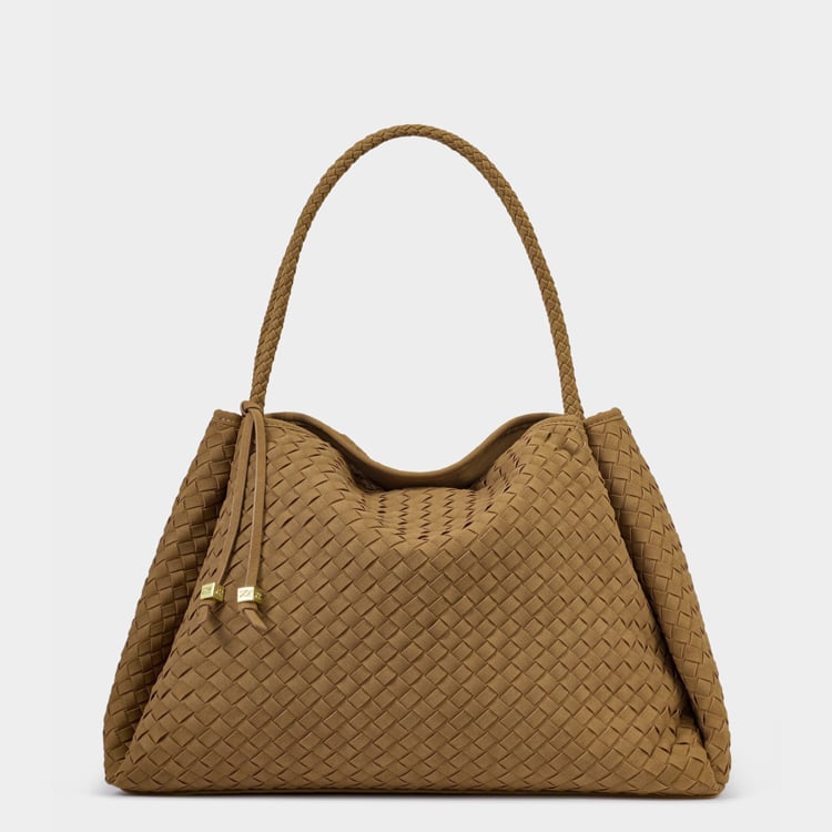 NOVA HAND WOVEN LARGE SHOULDER BAG | Light Caramel Suedette | 11" x 15 3/4" x 9 1/16"