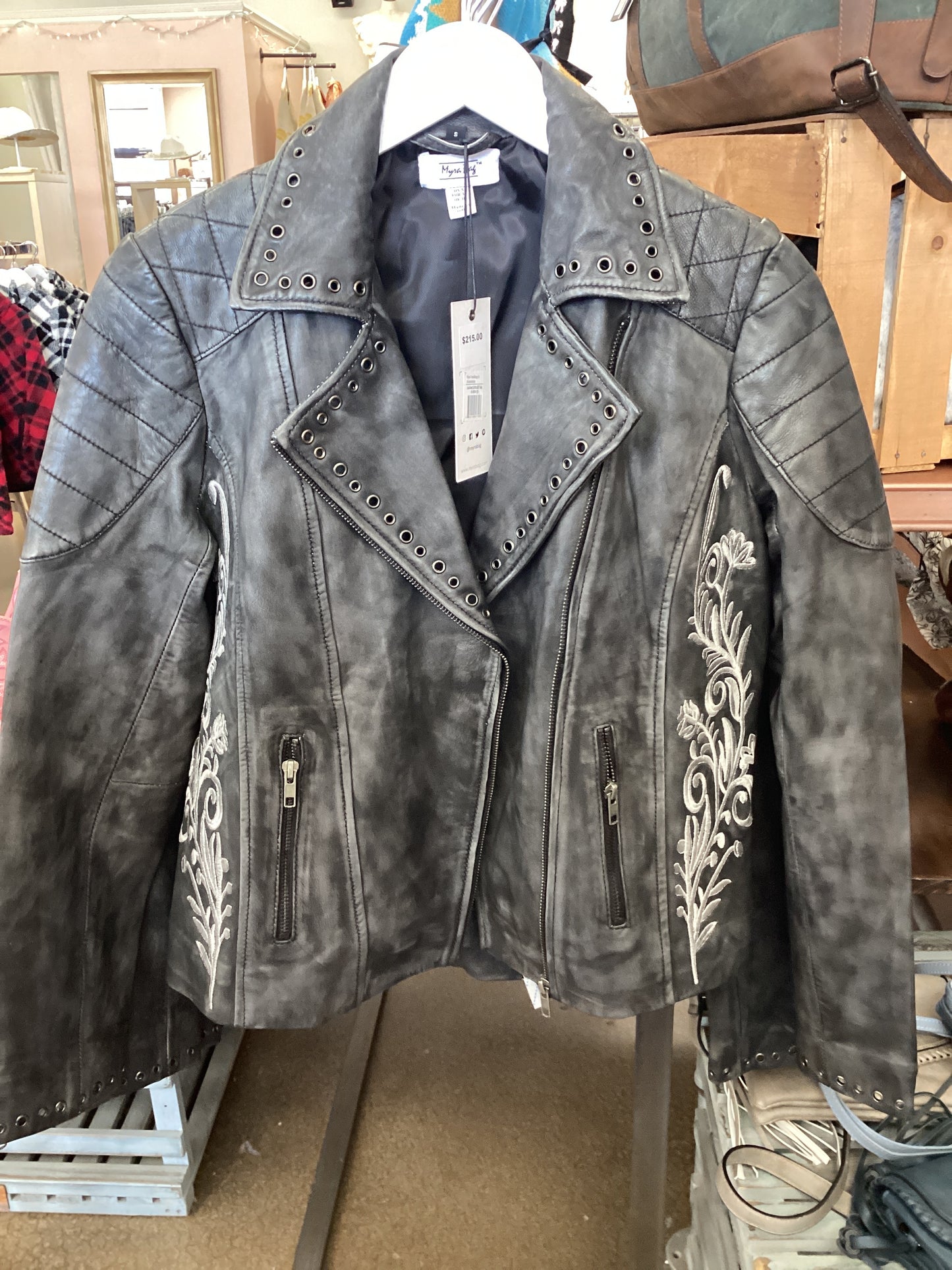Black Embroidered Biker Leather Jacket FINAL SALE!