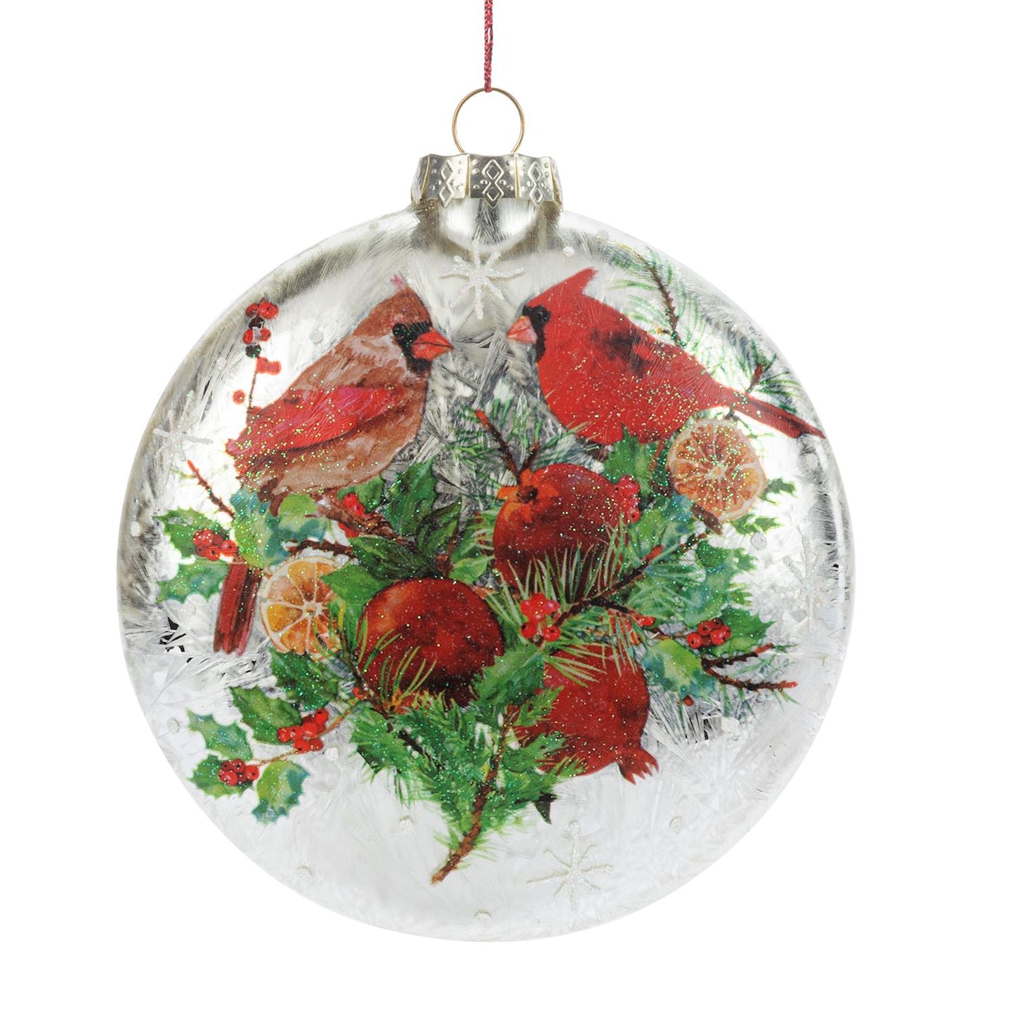 Round Sparkly Cardinal with Pomegranates Disc Ornament - 5x5in