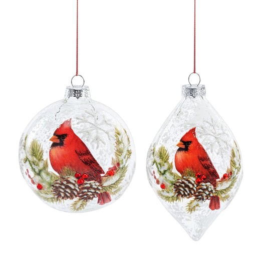 Red Cardinal on Pinecone Branch Snowy Glass Ornament