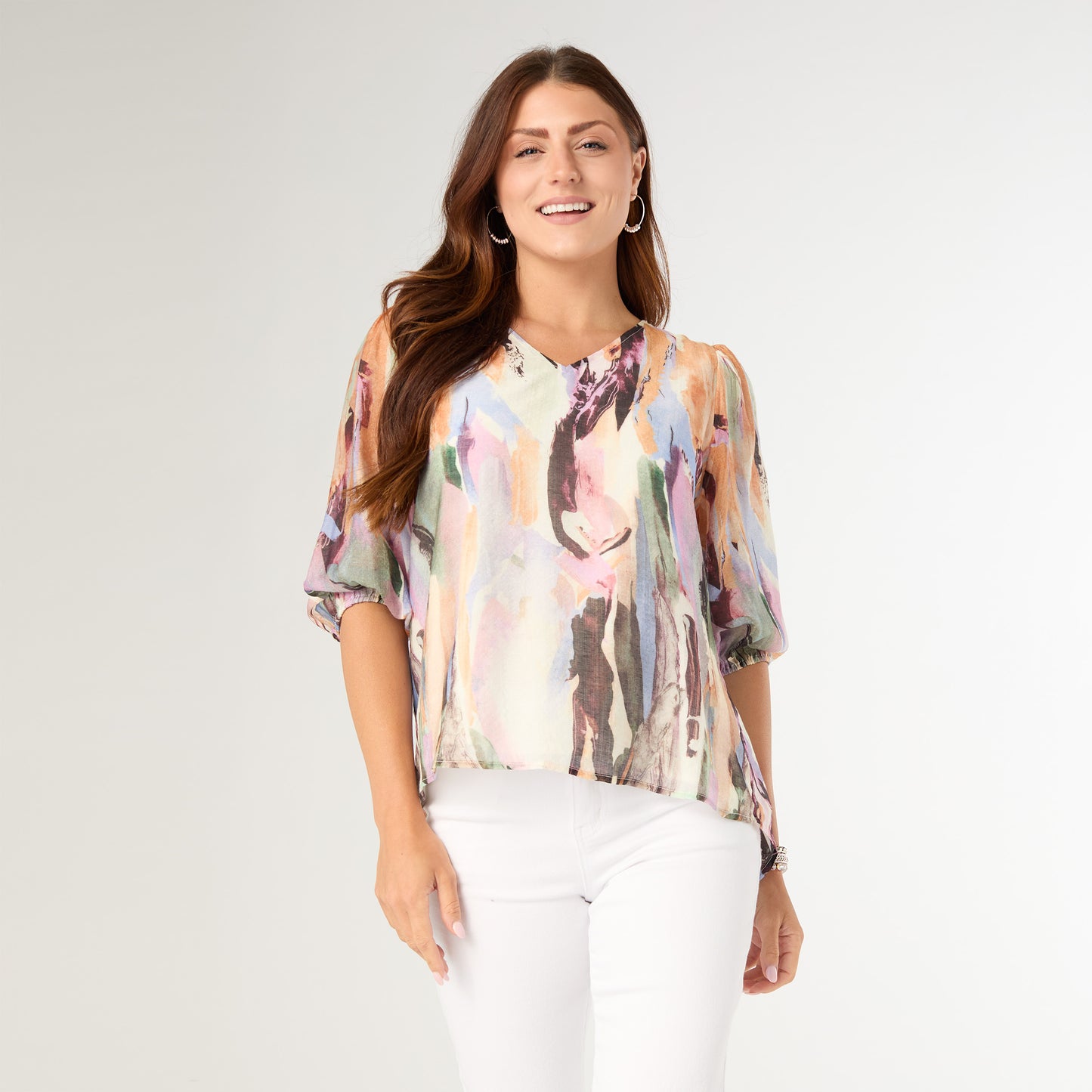 Corey Printed Elbow Sleeve V-Neck Top...