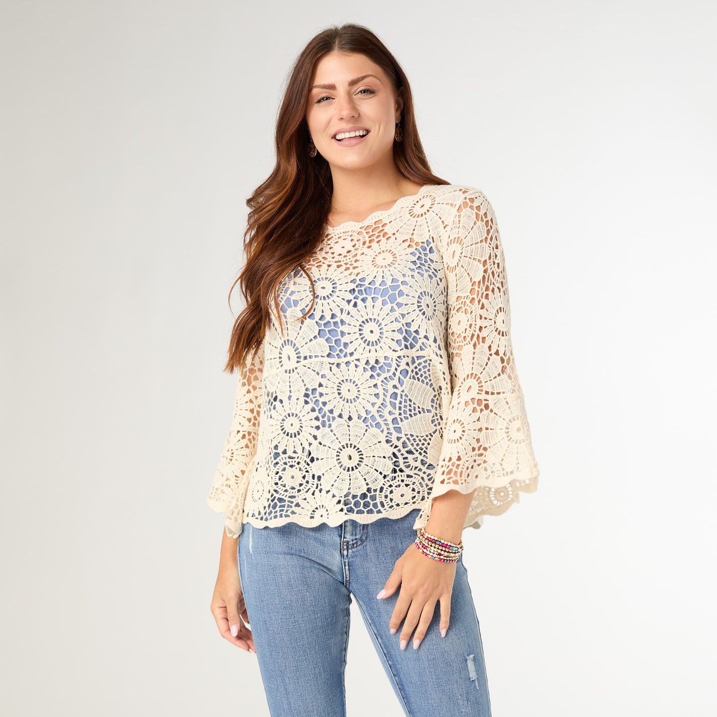 Kristen Elbow Sleeve Crochet Top - Natural S/M