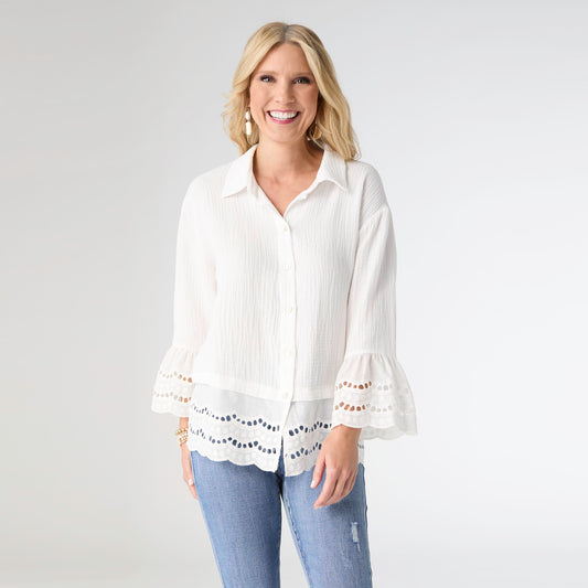 L/XL - Becky Button Front Top with Embroidery...
