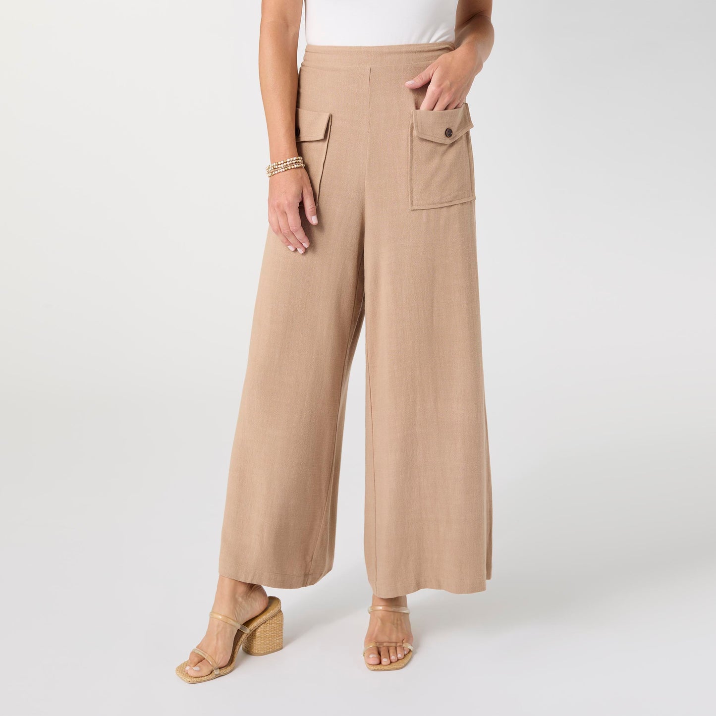 Elin Linen Crop Pant with Button Pocket - Beige XS