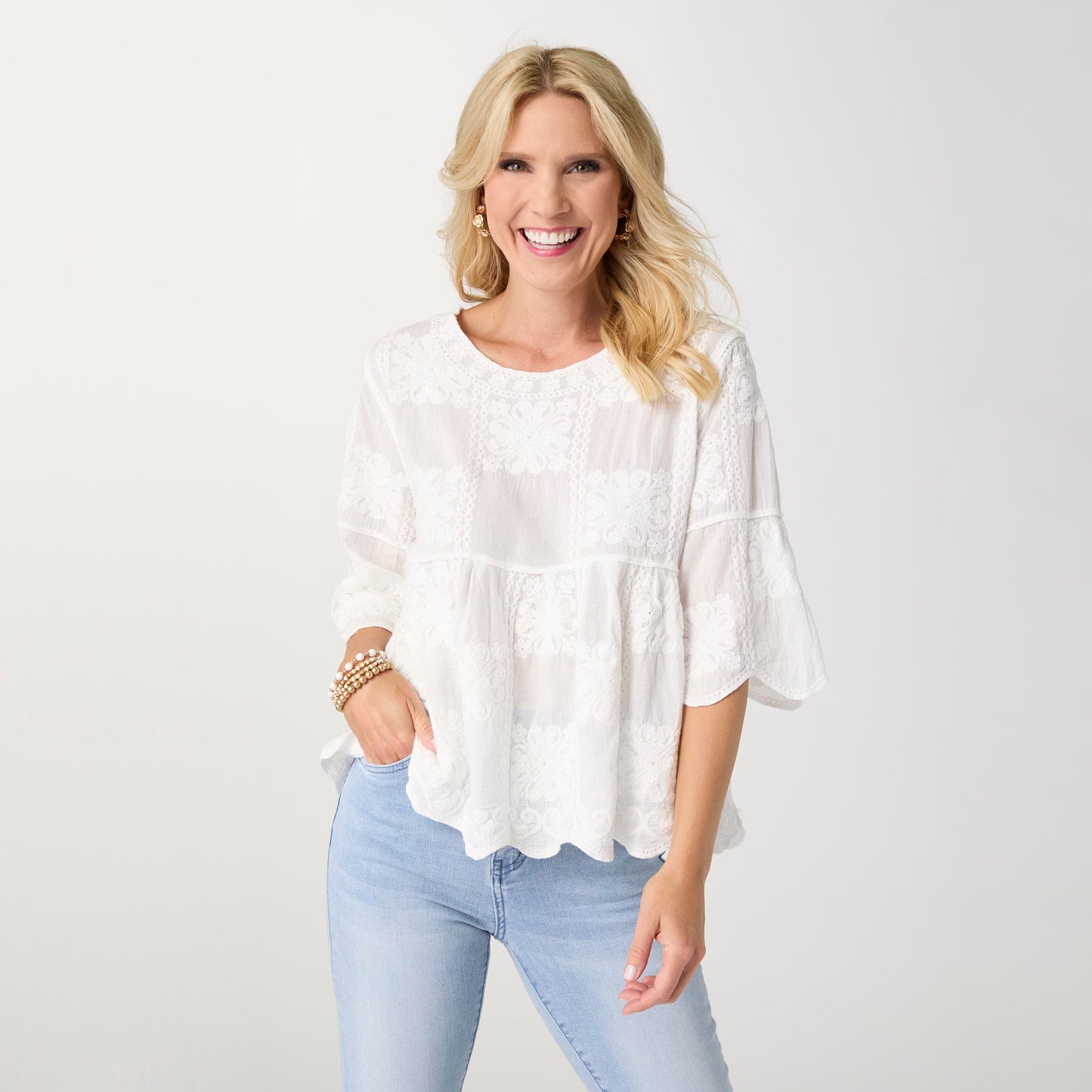 S/M - Elyse 3/4 Sleeve Embroidered Babydoll...