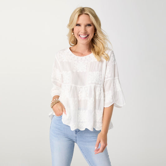 S/M - Elyse 3/4 Sleeve Embroidered Babydoll...