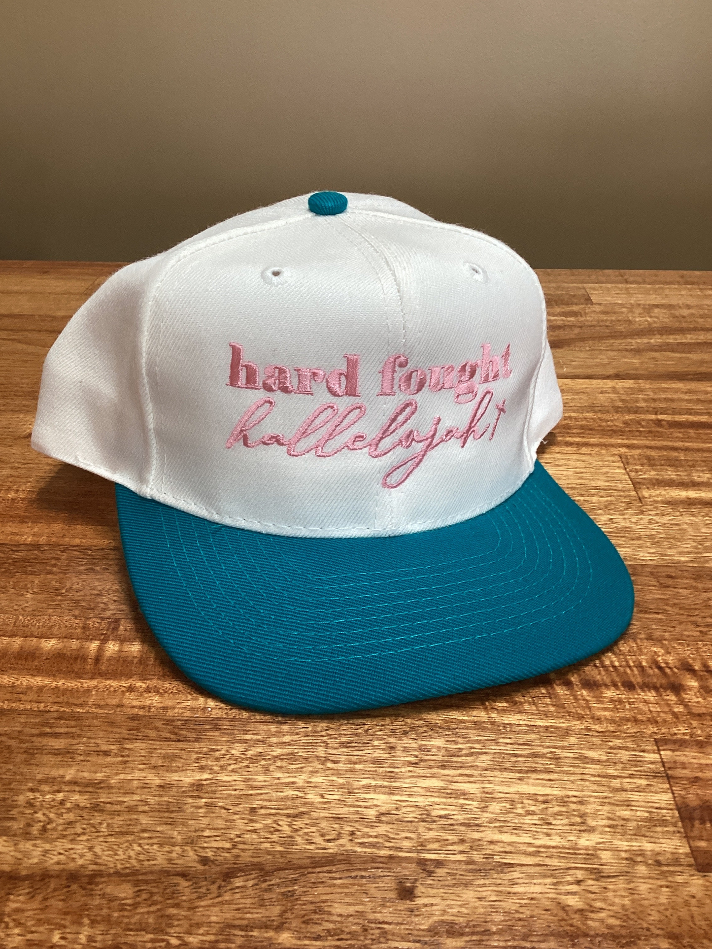 Christian- Hard Fought- Hallelujah- Twill Trucker Hat- Teal & Pink