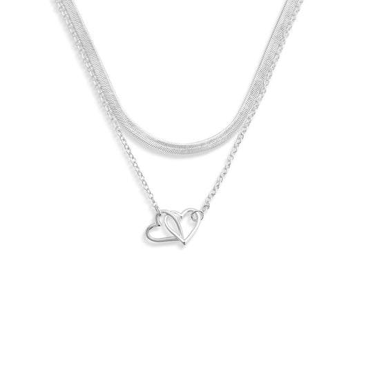 Layered Heart Silver Necklace 18in