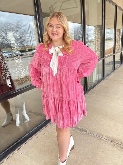 Strawberry Pink Flounce Sleeve Tiered Ruffled Velvet Mini Dress