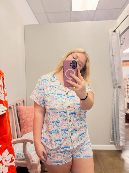 SIMPLY SOUTHERN BOW BUTTON UP PAJAMA SET