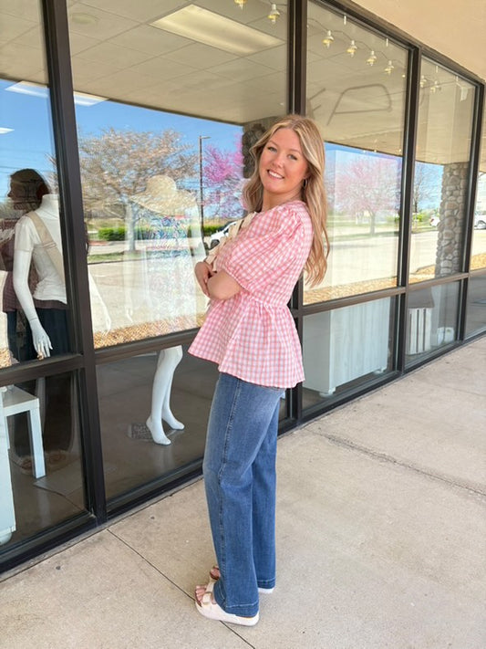 Gingham Blouse With Bows, Pink