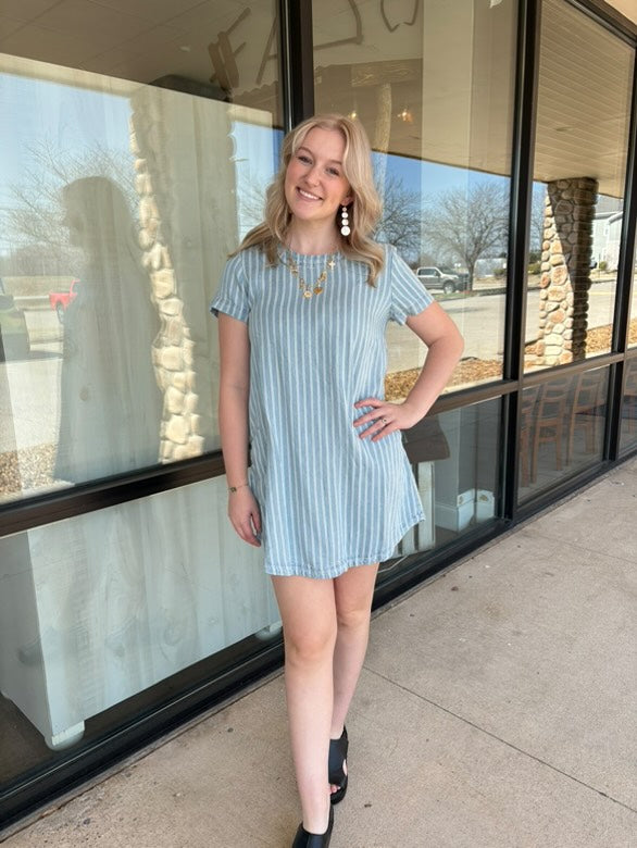 STRIPED CHAMBRAY BACK BUTTON MINI SHIRT DRESS