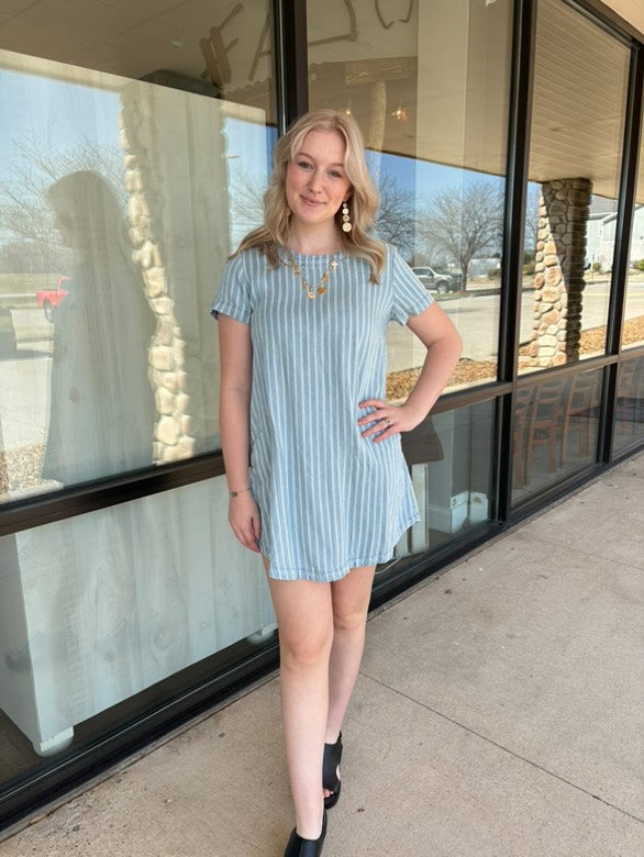 STRIPED CHAMBRAY BACK BUTTON MINI SHIRT DRESS
