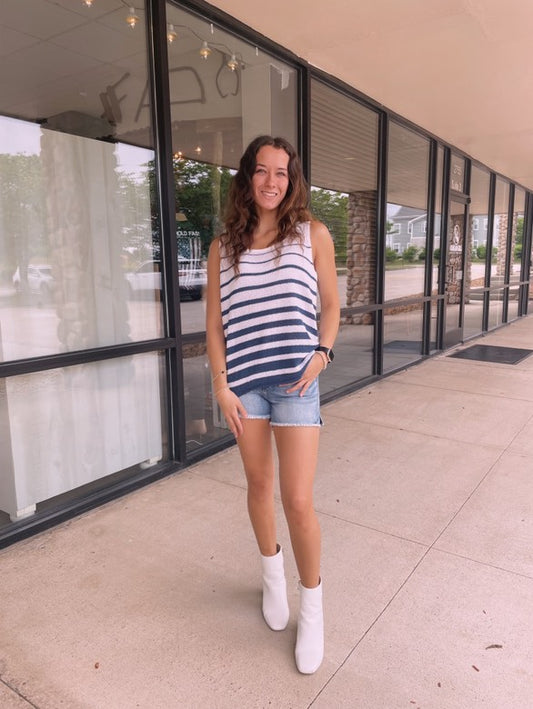 Simply Southern Tank White W/ Blue Stripes