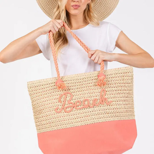 Sewn Rope Beach Letter Color Straw Tote Bag