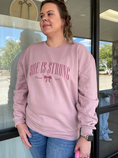 "She Is Strong" Bow Sweatshirt