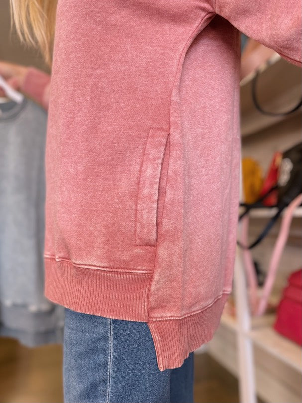 Zenana Acid Wash Fleece Hi-Low Pullover