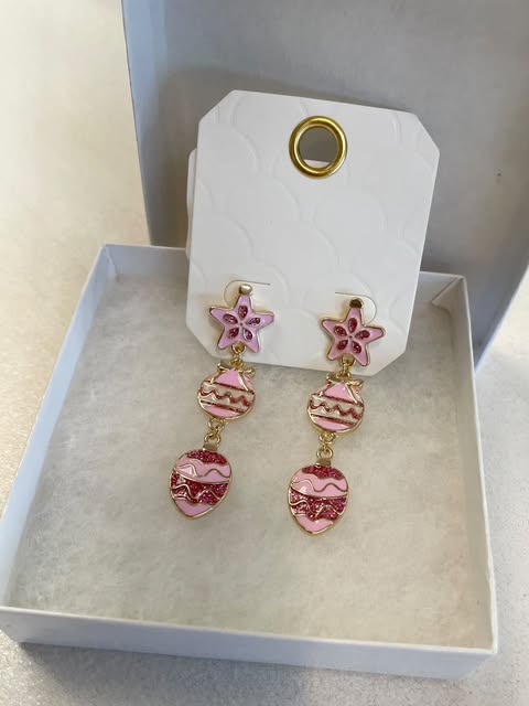 Pink Linear Christmas Ornament Earrings