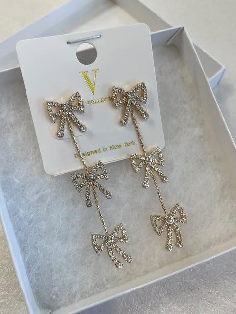 Paved 3 Bow Linear Drop Earrings