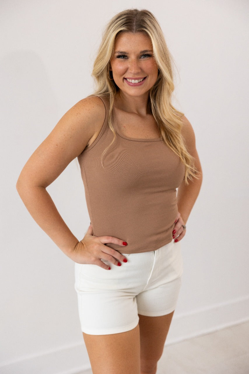 Square Neck Rib Knit Tank Top, Tan